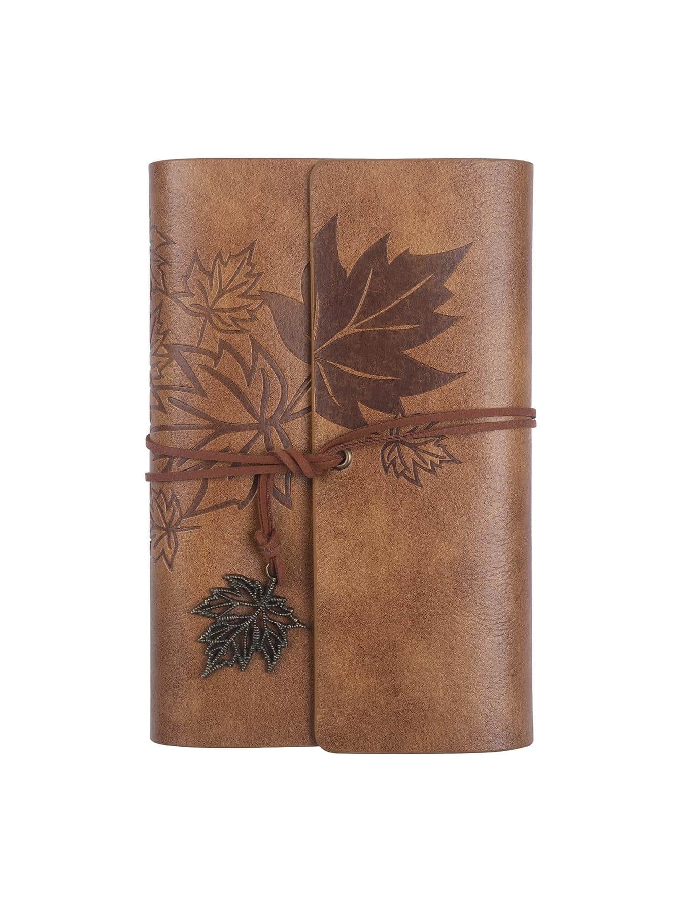 1pc Leaf Decor Notebook, Coffee Brown Retro Notebook For Office