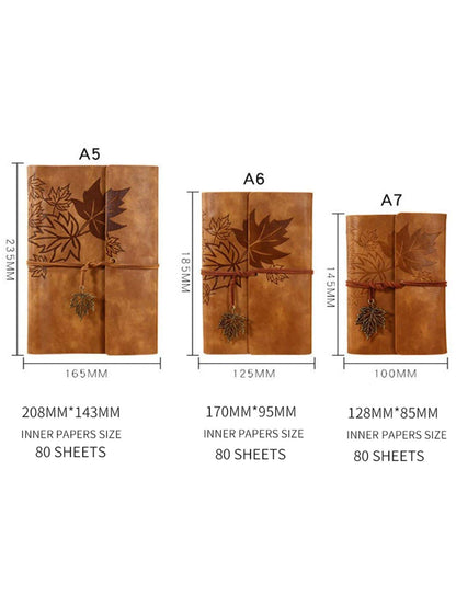 1pc Leaf Decor Notebook, Coffee Brown Retro Notebook For Office