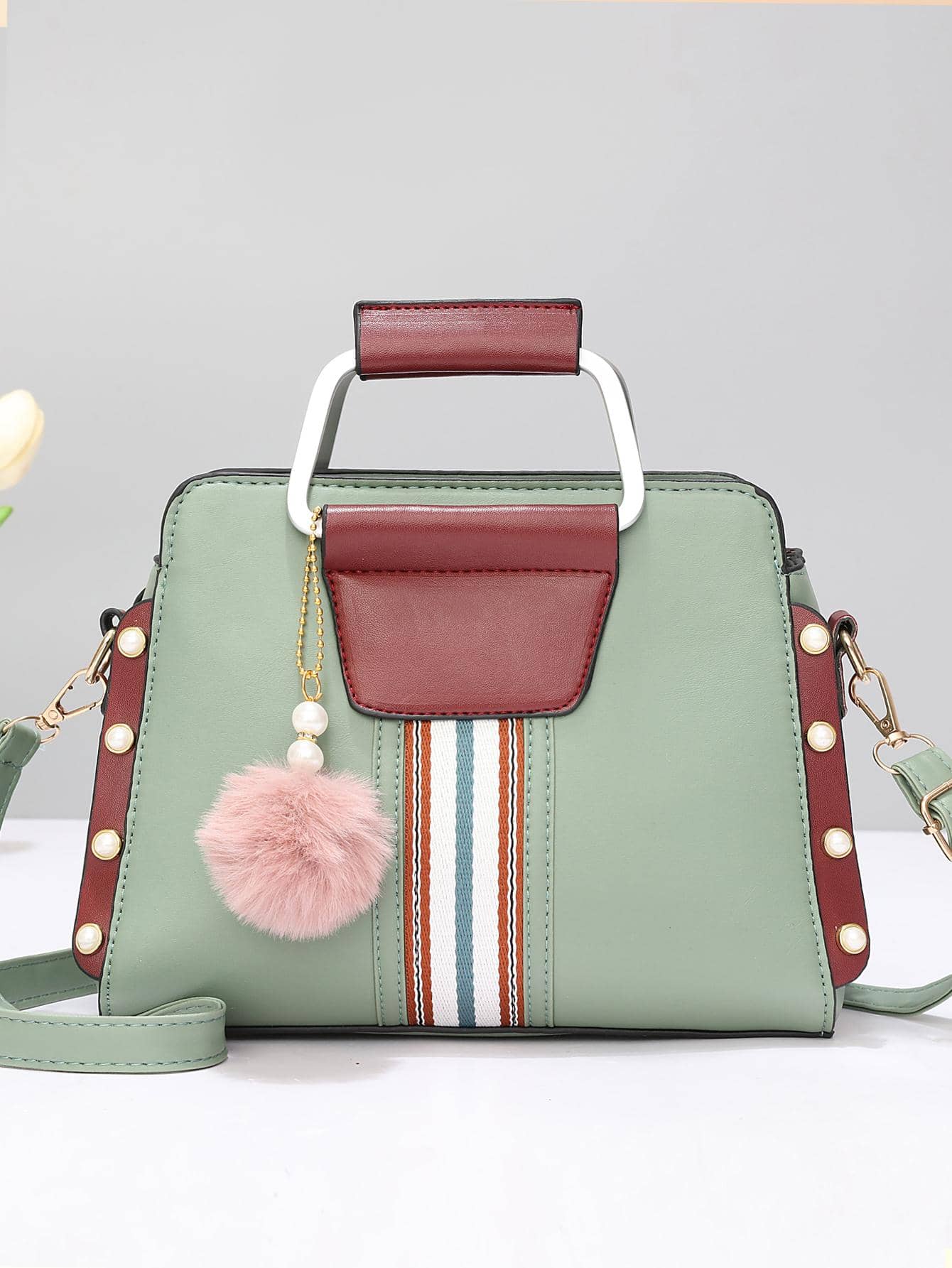 Faux Pearl Pom pom Striped Panel Satchel Bag