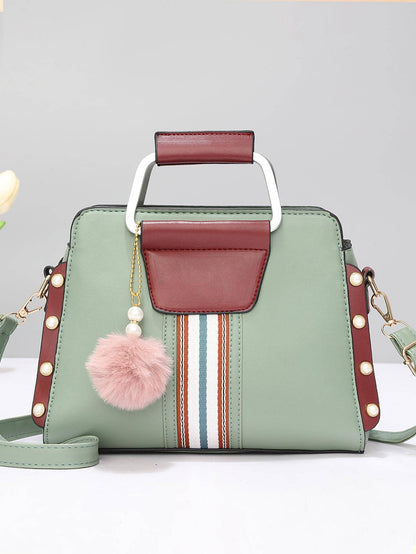 Faux Pearl Pom pom Striped Panel Satchel Bag