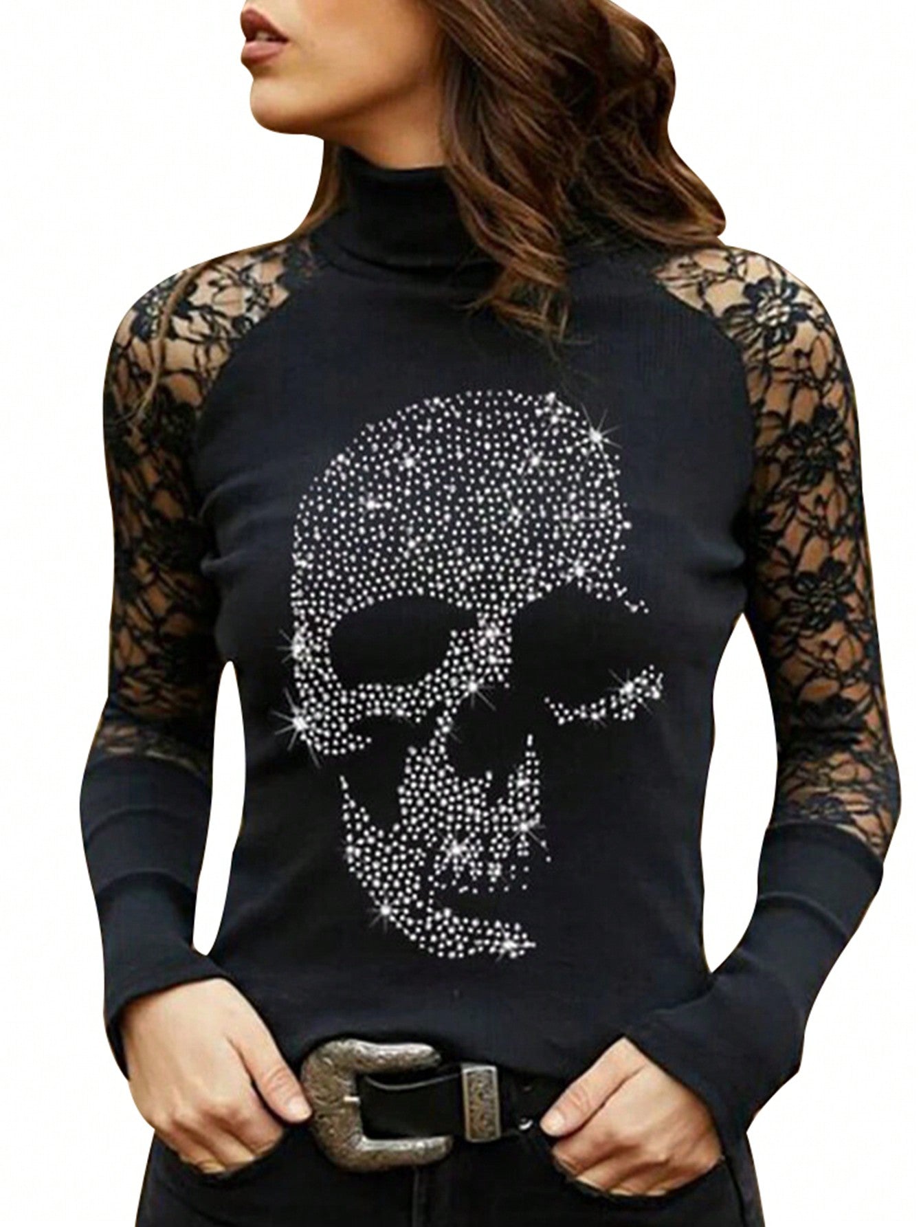 Rhinestone Skull Pattern Contrast Lace Raglan Sleeve Turtleneck Tee, Halloween women wear