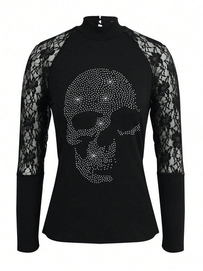 Rhinestone Skull Pattern Contrast Lace Raglan Sleeve Turtleneck Tee, Halloween women wear