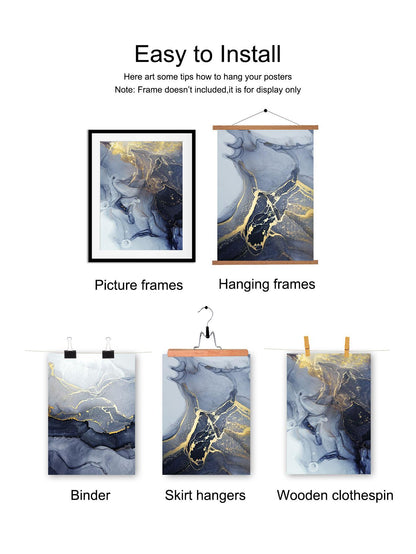 3pcs/set Frameless Blue And Golden Contemporary Ink Abstract Canvas Painting