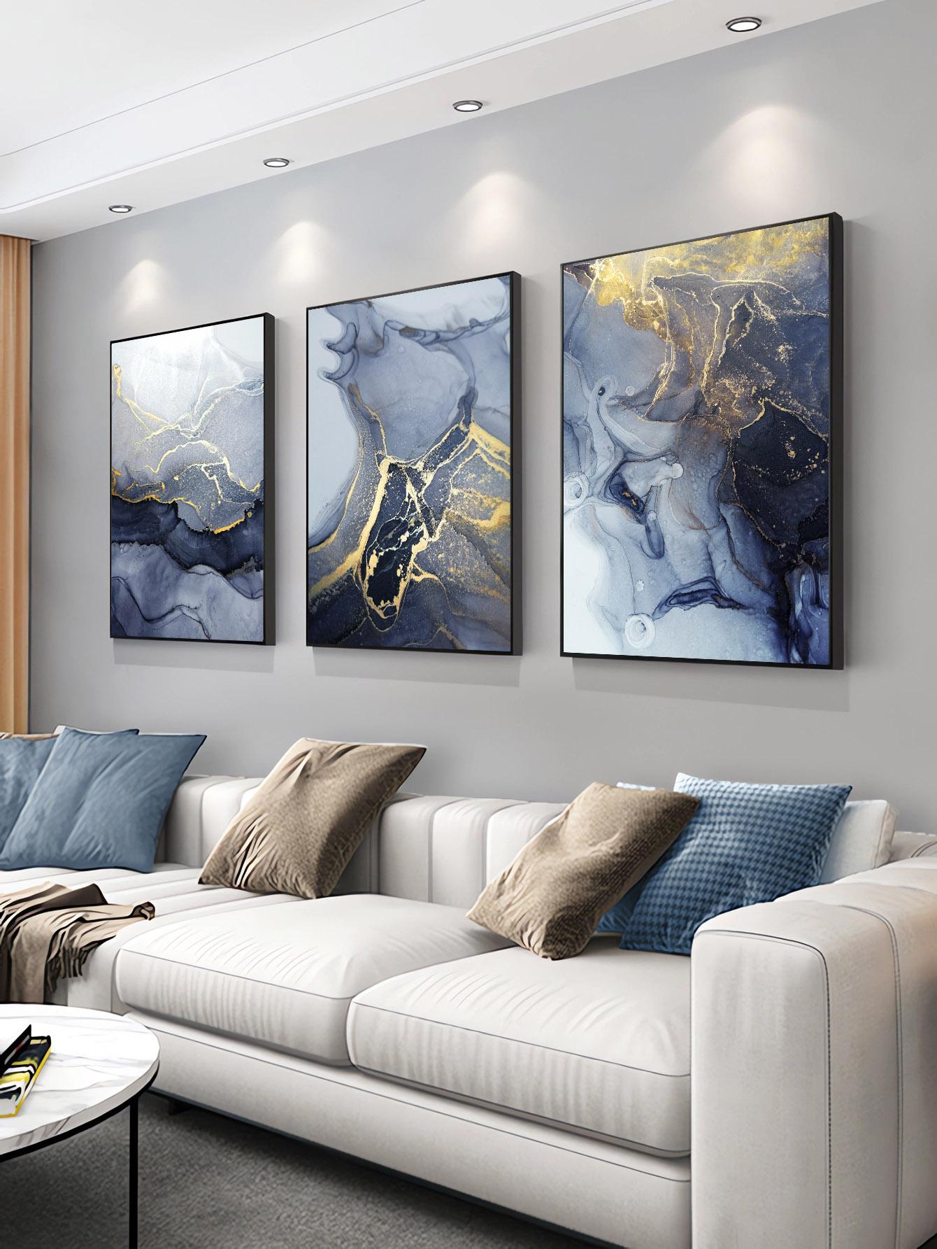 3pcs/set Frameless Blue And Golden Contemporary Ink Abstract Canvas Painting