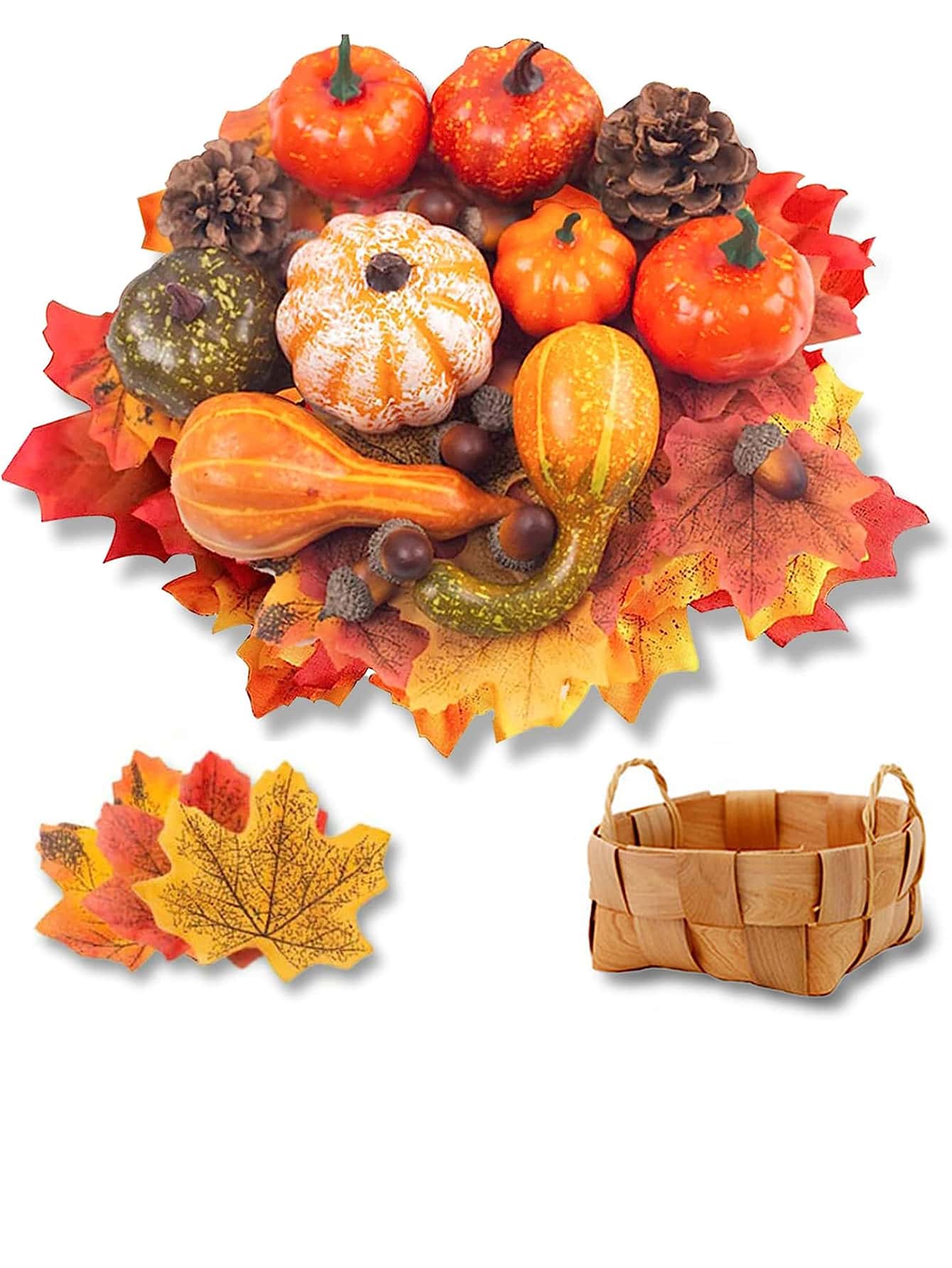 14 PCS Artificial Lifelike Simulation Mixed Pumpkins Fake Pumpkins with 30PCS Fake Maple Leaves Festival Thanksgiving Fall Harvest Home Decoration