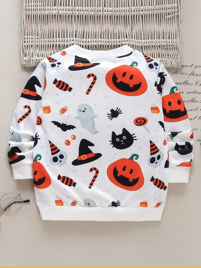 Kids Halloween Print Sweatshirt White cozy full sleeves