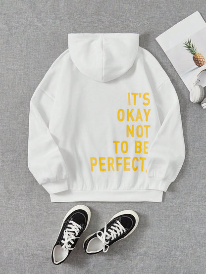 EZwear Slogan Graphic Drop Shoulder Drawstring Thermal Hooded Sweatshirt