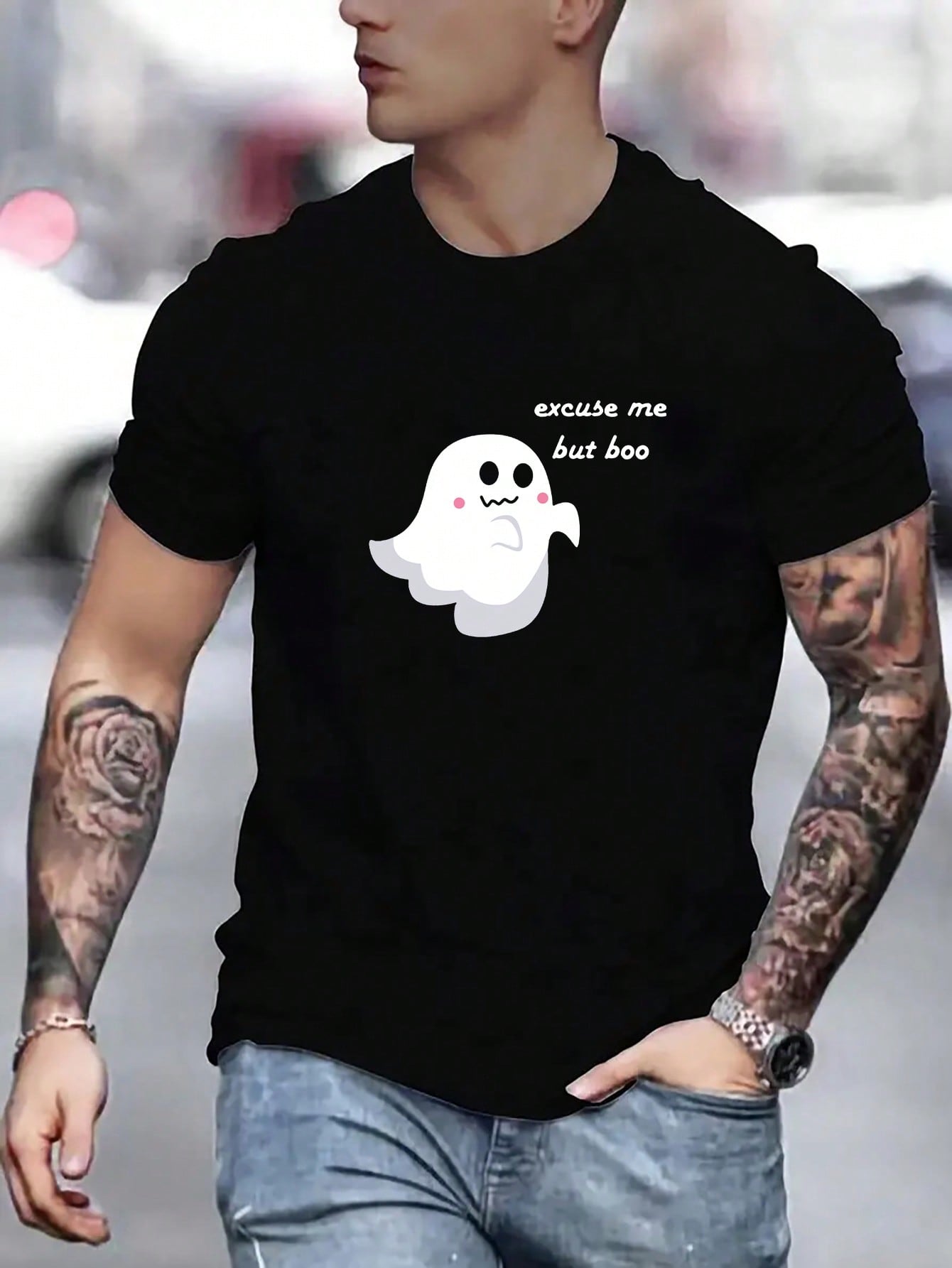 Men Slogan Ghost Print Tee, Halloween Mens T-shirt, Halloween Men's Ghost wear'