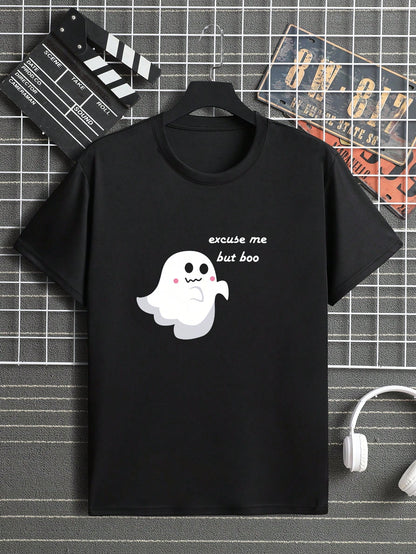 Men Slogan Ghost Print Tee, Halloween Mens T-shirt, Halloween Men's Ghost wear'