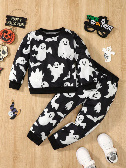 Kids Halloween Ghost Print Sweatshirt  and Sweatpants set