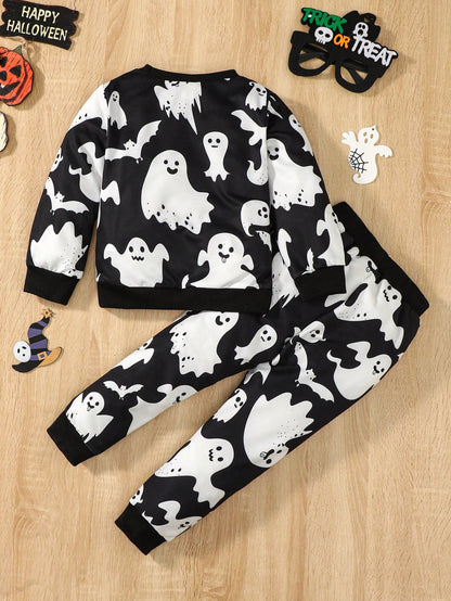 Kids Halloween Ghost Print Sweatshirt  and Sweatpants set