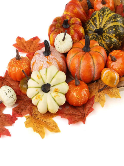 14 PCS Artificial Lifelike Simulation Mixed Pumpkins Fake Pumpkins with 30PCS Fake Maple Leaves Festival Thanksgiving Fall Harvest Home Decoration