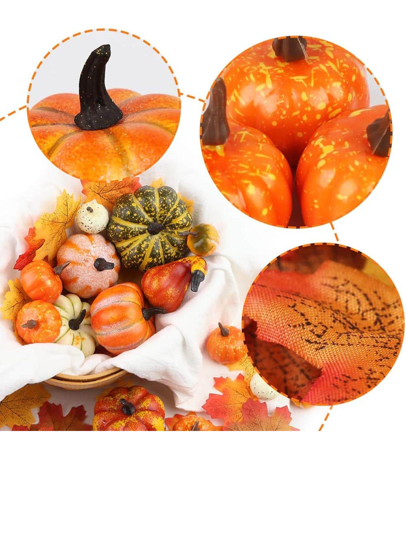 14 PCS Artificial Lifelike Simulation Mixed Pumpkins Fake Pumpkins with 30PCS Fake Maple Leaves Festival Thanksgiving Fall Harvest Home Decoration