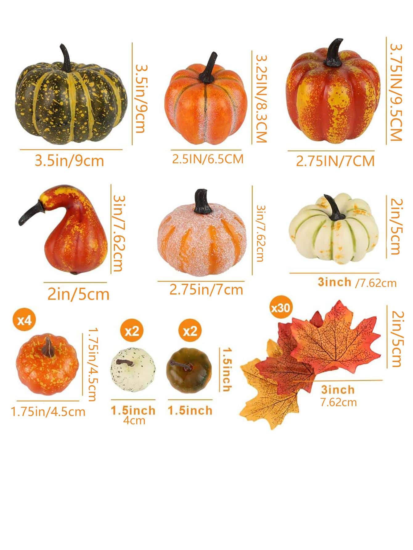 14 PCS Artificial Lifelike Simulation Mixed Pumpkins Fake Pumpkins with 30PCS Fake Maple Leaves Festival Thanksgiving Fall Harvest Home Decoration