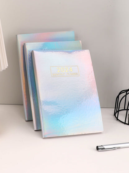 1pc Colorful English Daily Schedule Laser Starlight Design Notebook, Thin Style