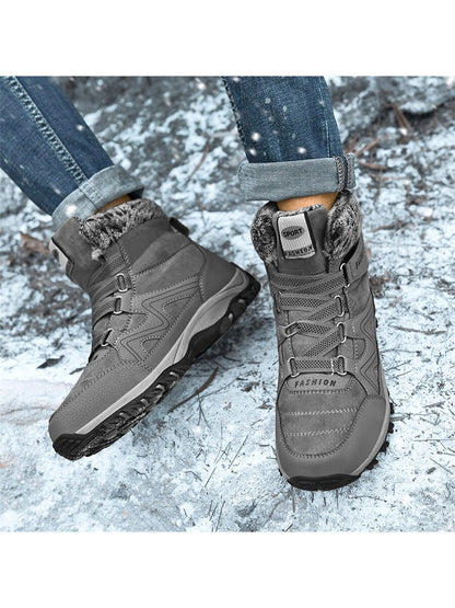 Couples' Hiking Boots With Letter Pattern Lacing, Warm Fluffy Lining, Snowproof