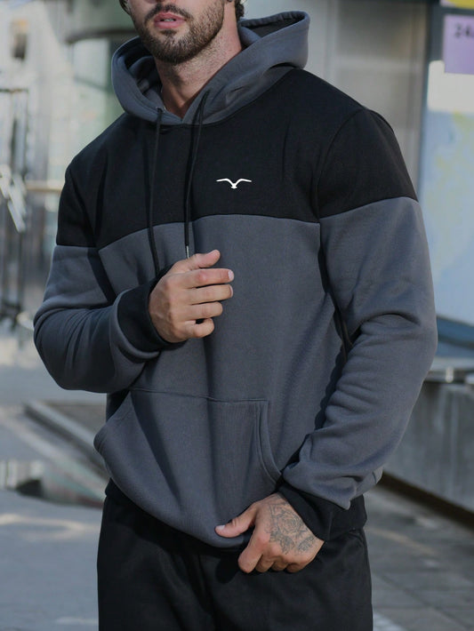 Men Two Tone Kangaroo Pocket Drawstring Thermal Hoodie