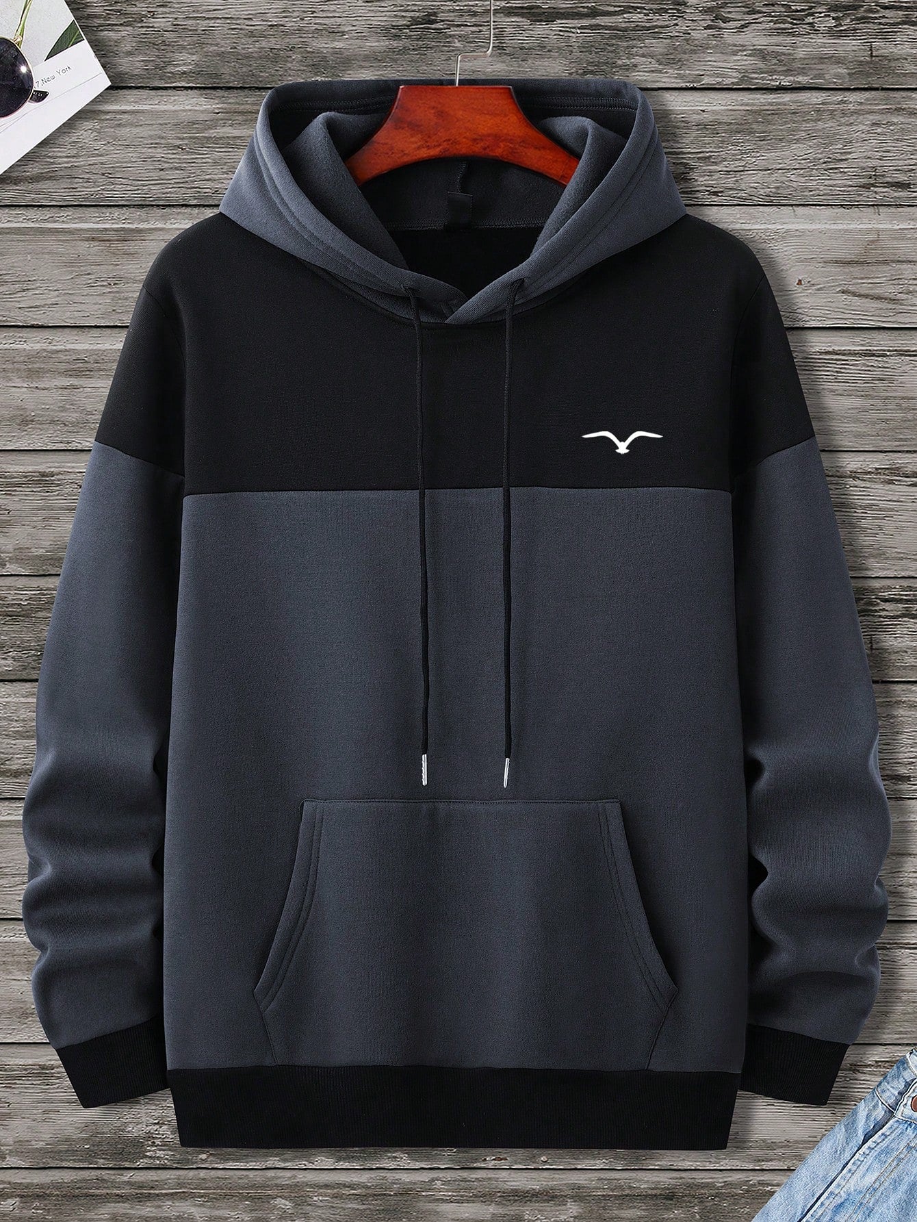 Men Two Tone Kangaroo Pocket Drawstring Thermal Hoodie