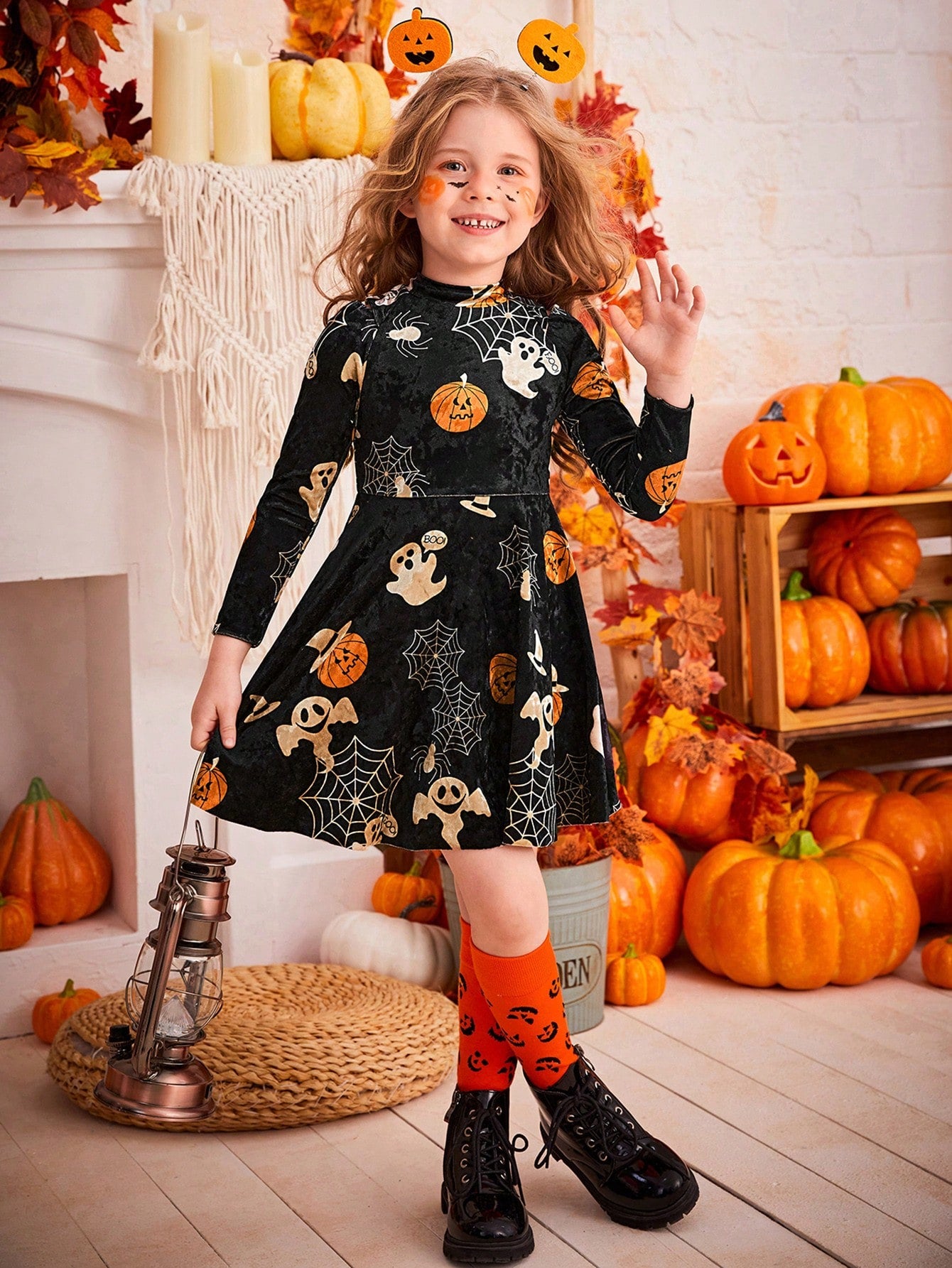 Young Girl Halloween Print Mock Neck Dress