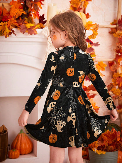 Young Girl Halloween Print Mock Neck Dress