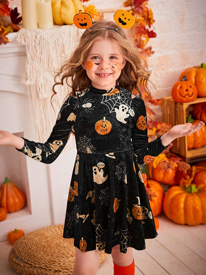 Young Girl Halloween Print Mock Neck Dress