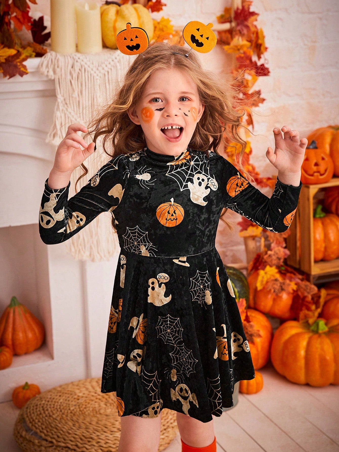 Young Girl Halloween Print Mock Neck Dress