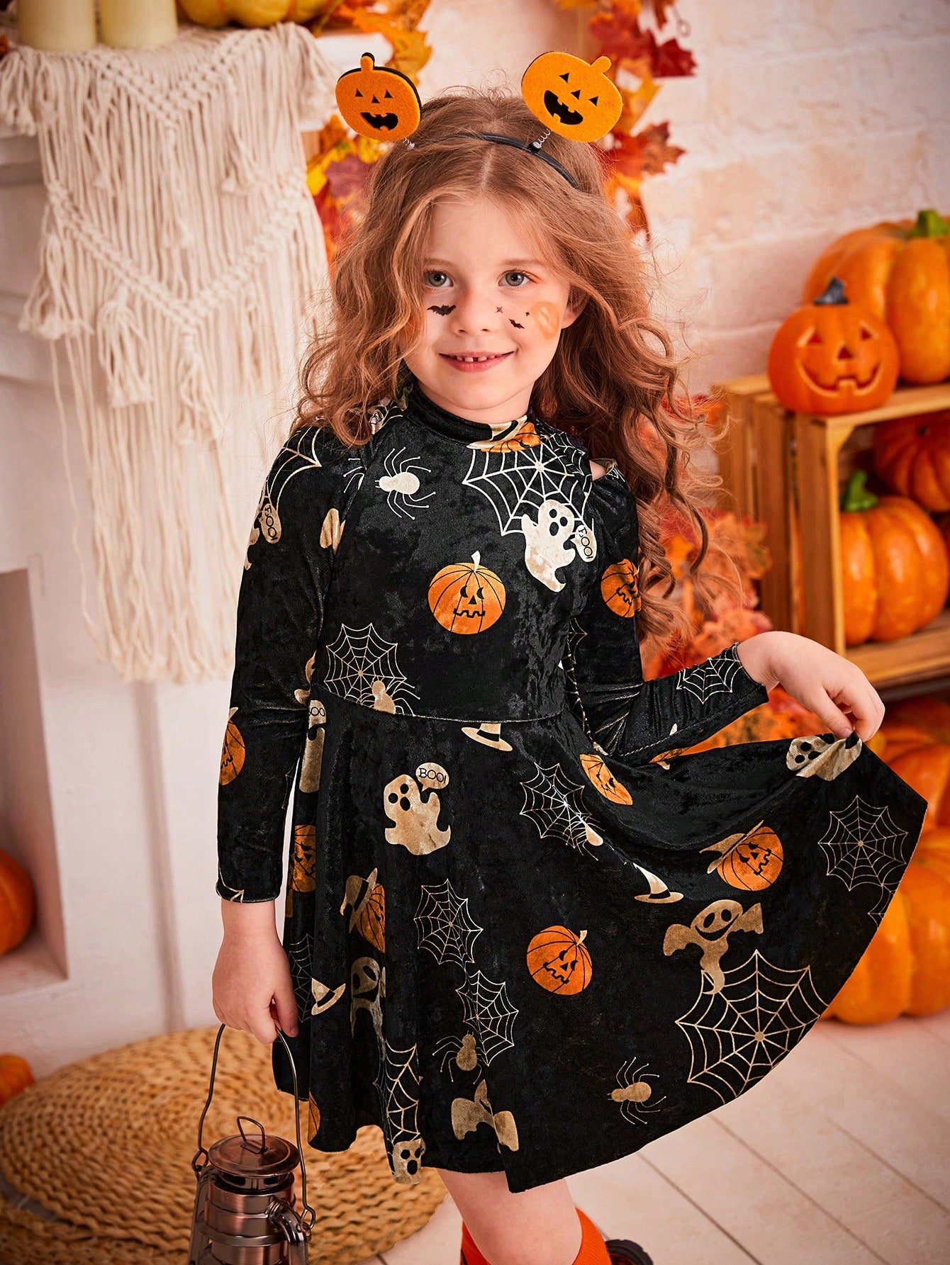 Young Girl Halloween Print Mock Neck Dress