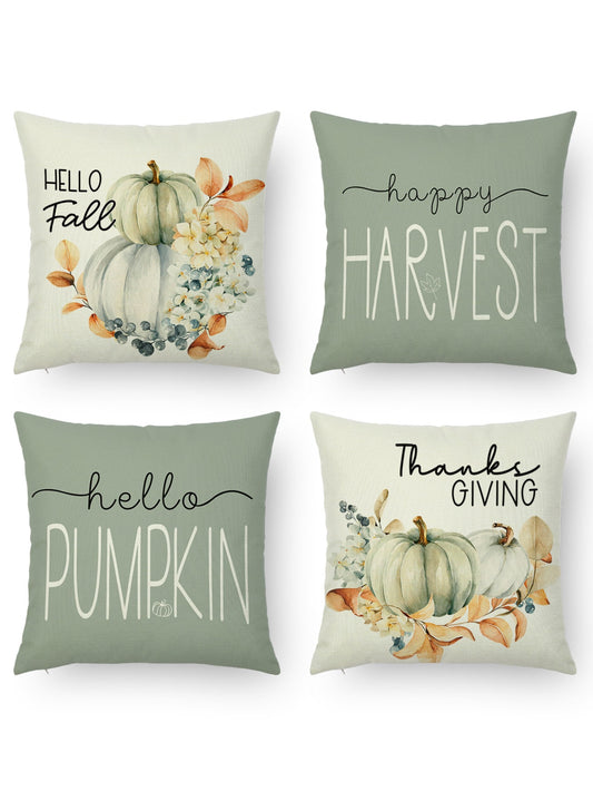 4pcs Watercolor Pumpkin Letter Print Pillow Covers Modern Style Fabric Print Pillow Case Perfect For Sofa Living Room Home Decor For Autumn