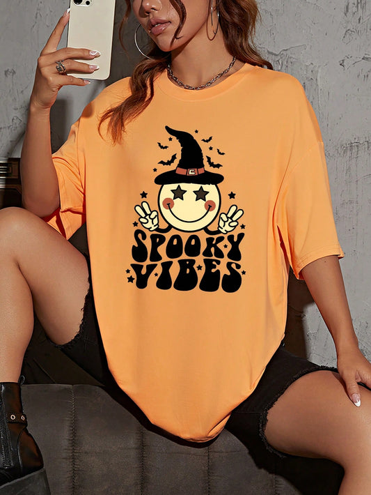 Halloween Print Drop Shoulder Tee, Halloween T-shirts, Halloween women wear, Halloween women Tshirt