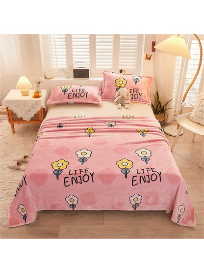 1pc Cartoon Flower Pattern Blanket, Pink Fabric Sleeping Blanket For Home