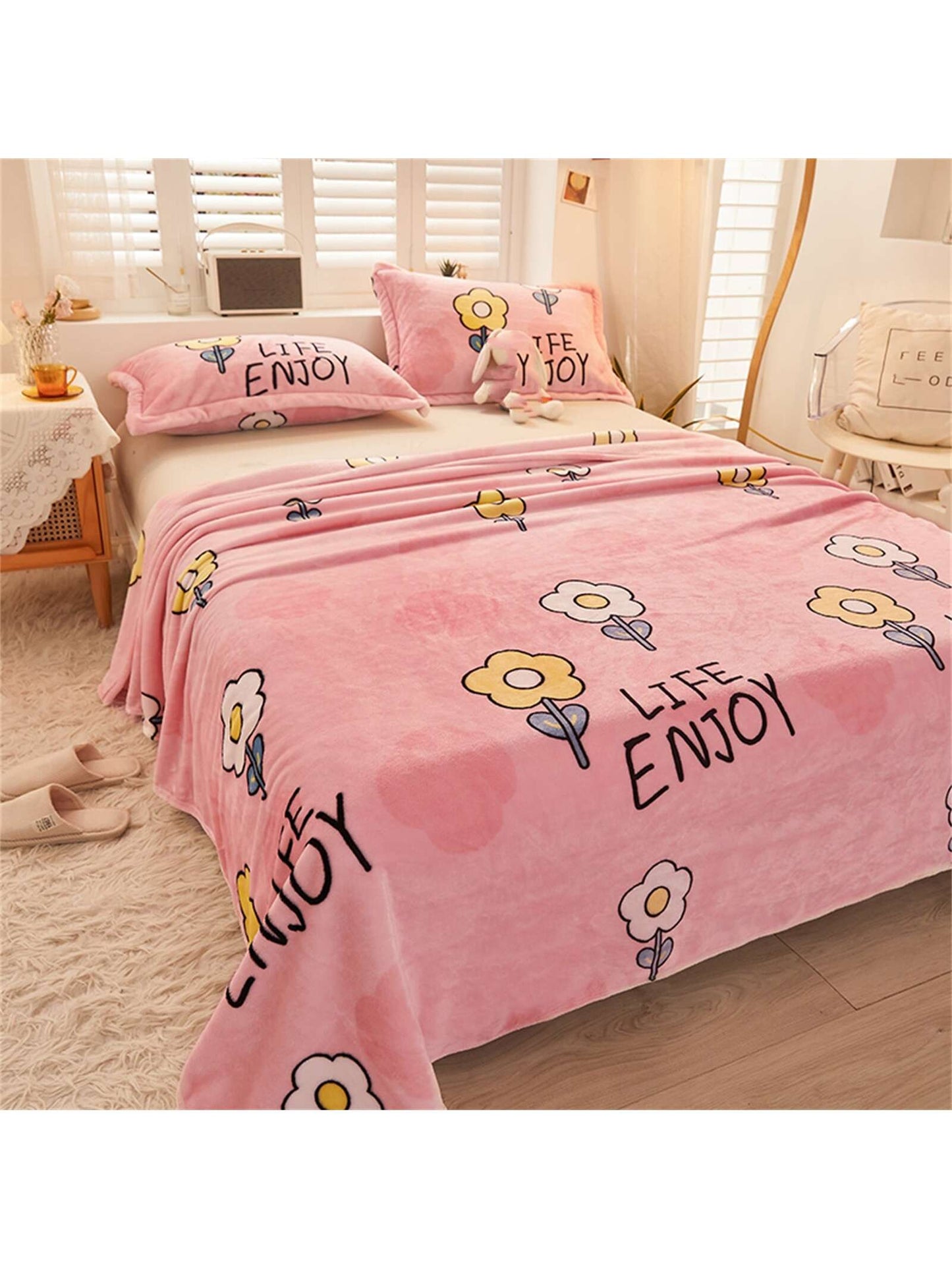 1pc Cartoon Flower Pattern Blanket, Pink Fabric Sleeping Blanket For Home