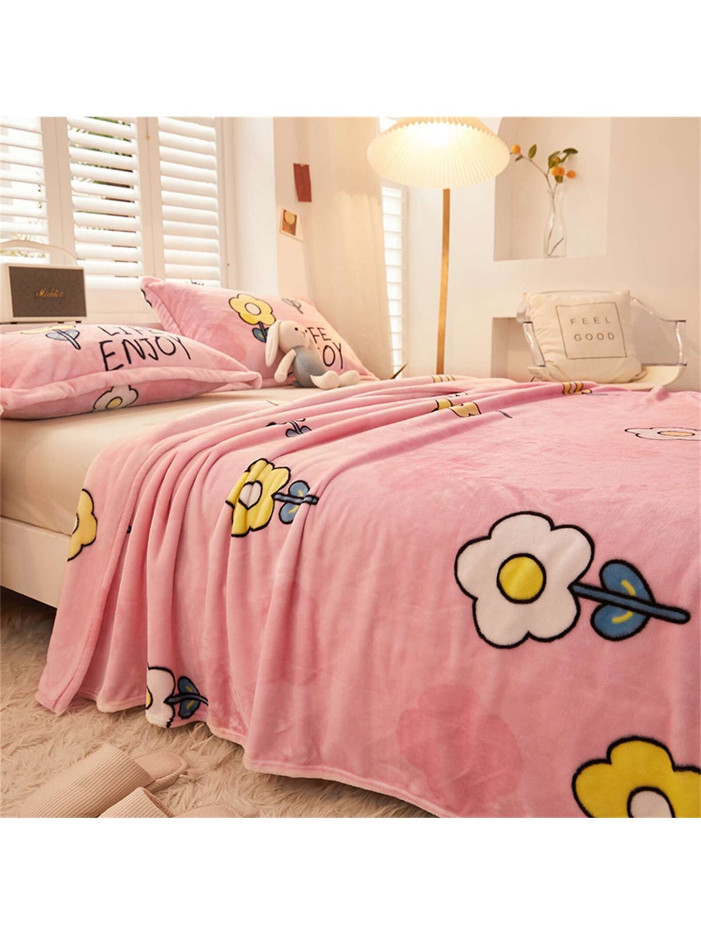 1pc Cartoon Flower Pattern Blanket, Pink Fabric Sleeping Blanket For Home