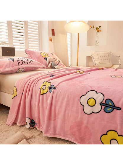 1pc Cartoon Flower Pattern Blanket, Pink Fabric Sleeping Blanket For Home