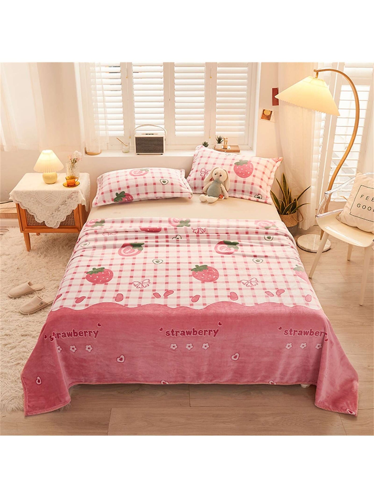 1pc Cartoon Flower Pattern Blanket, Pink Fabric Sleeping Blanket For Home