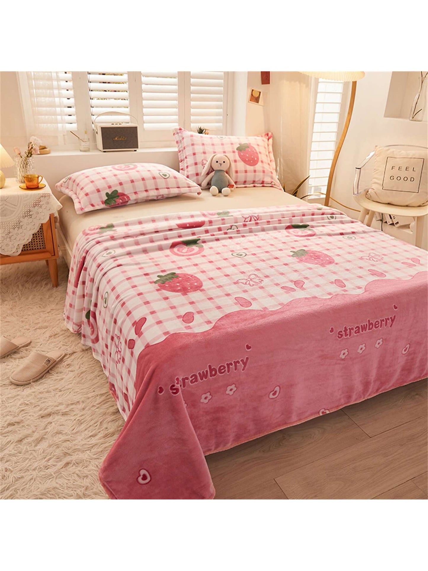 1pc Cartoon Flower Pattern Blanket, Pink Fabric Sleeping Blanket For Home