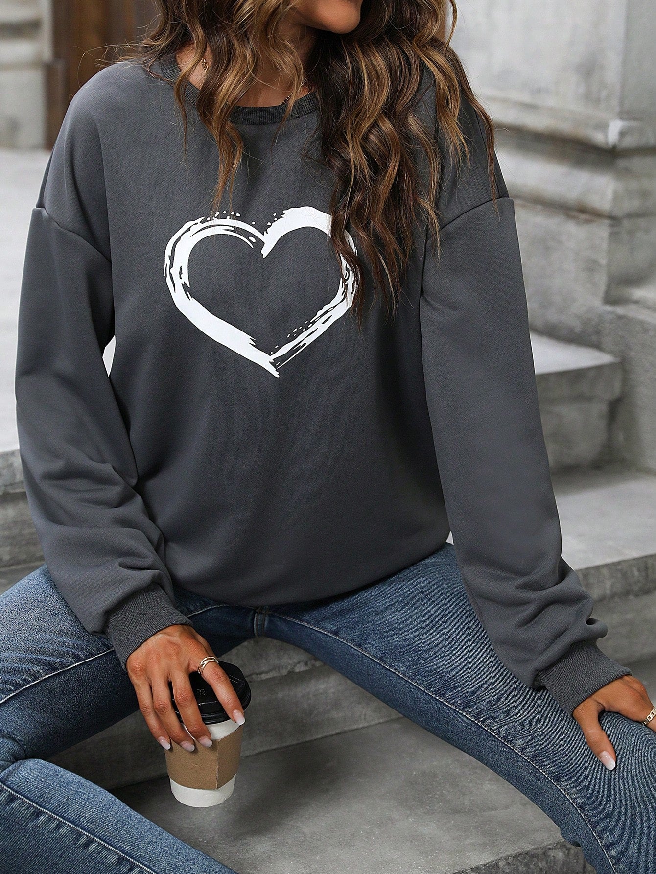 Heart Print Drop Shoulder Sweatshirt