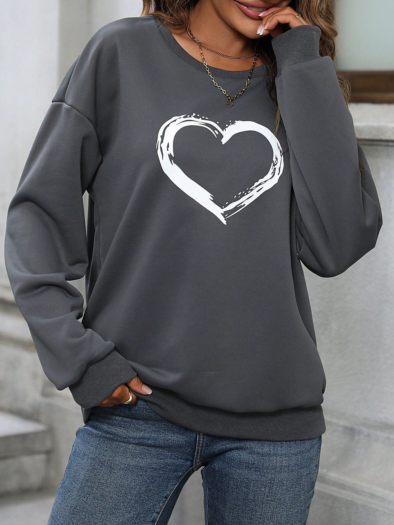 Heart Print Drop Shoulder Sweatshirt