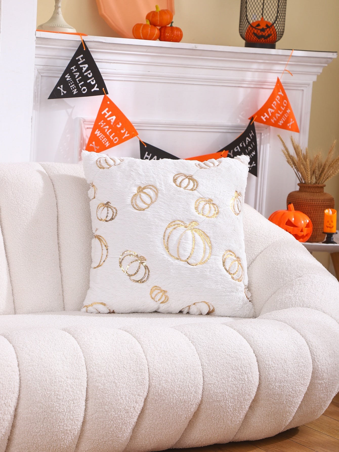 1pc Gold Sequin Embroidered Halloween Pumpkin Pillow Cover