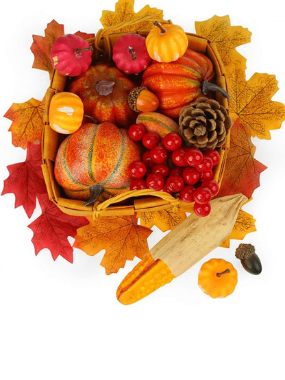 14 PCS Artificial Lifelike Simulation Mixed Pumpkins Fake Pumpkins with 30PCS Fake Maple Leaves Festival Thanksgiving Fall Harvest Home Decoration