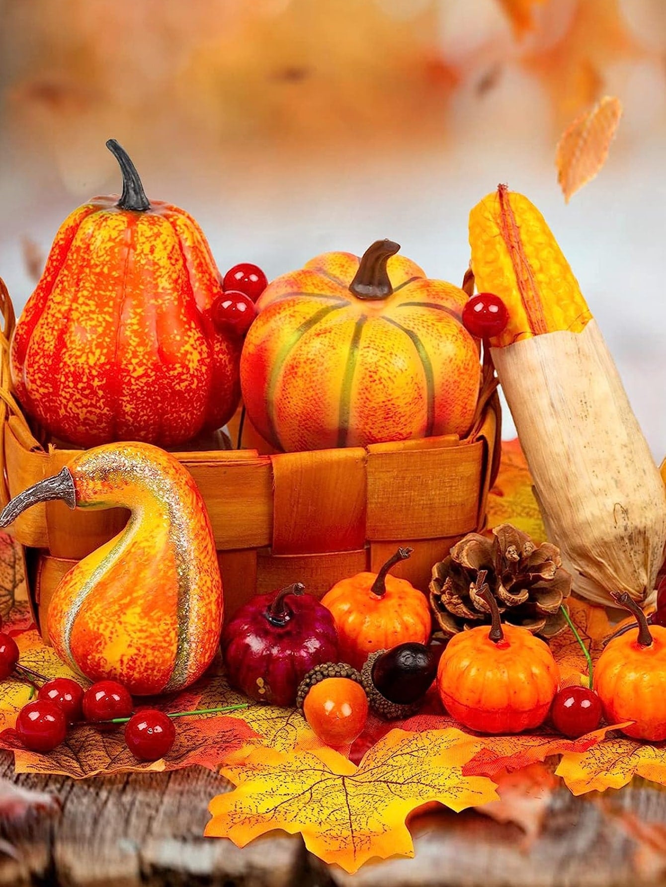 14 PCS Artificial Lifelike Simulation Mixed Pumpkins Fake Pumpkins with 30PCS Fake Maple Leaves Festival Thanksgiving Fall Harvest Home Decoration