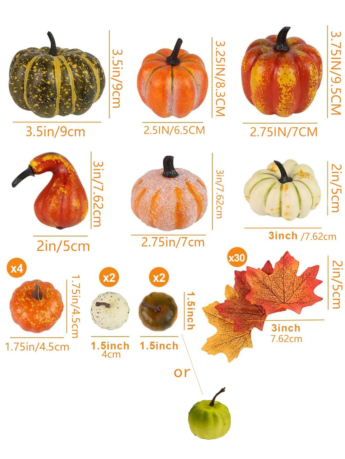 14 PCS Artificial Lifelike Simulation Mixed Pumpkins Fake Pumpkins with 30PCS Fake Maple Leaves Festival Thanksgiving Fall Harvest Home Decoration