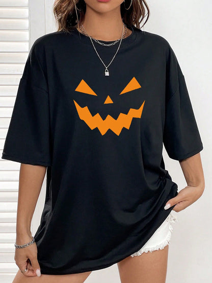 Halloween Print Drop Shoulder Tee, Halloween women tshirt, Halloween pumpkin wear