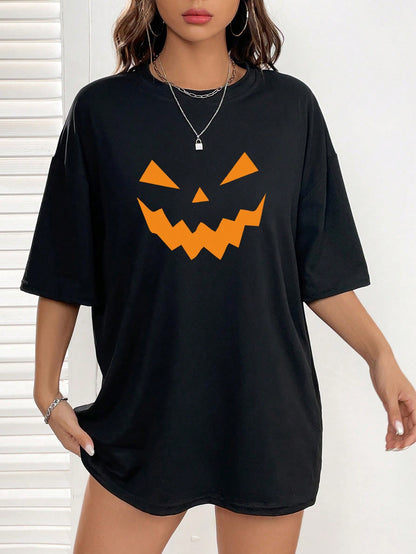 Halloween Print Drop Shoulder Tee, Halloween women tshirt, Halloween pumpkin wear