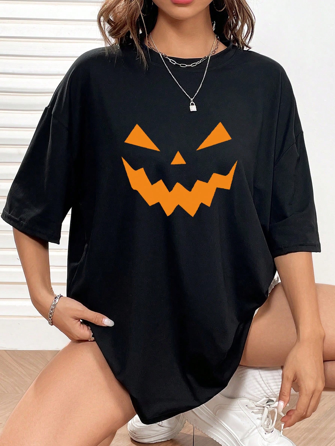 Halloween Print Drop Shoulder Tee, Halloween women tshirt, Halloween pumpkin wear