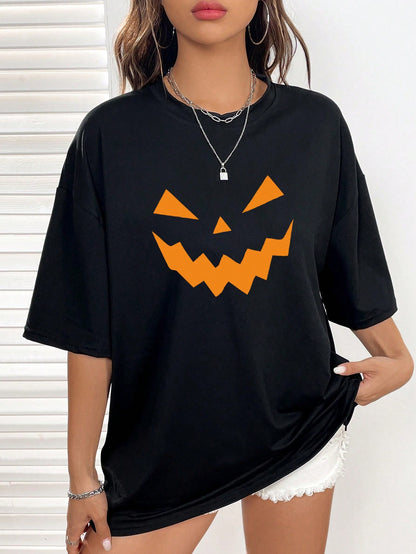 Halloween Print Drop Shoulder Tee, Halloween women tshirt, Halloween pumpkin wear