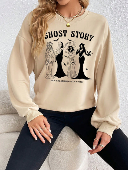 Ghost Story Letter Figure Graphic Drop Shoulder Sweatshirt, Ghost Story sweatshirt, Halloween Sweatshirt, Halloween wear