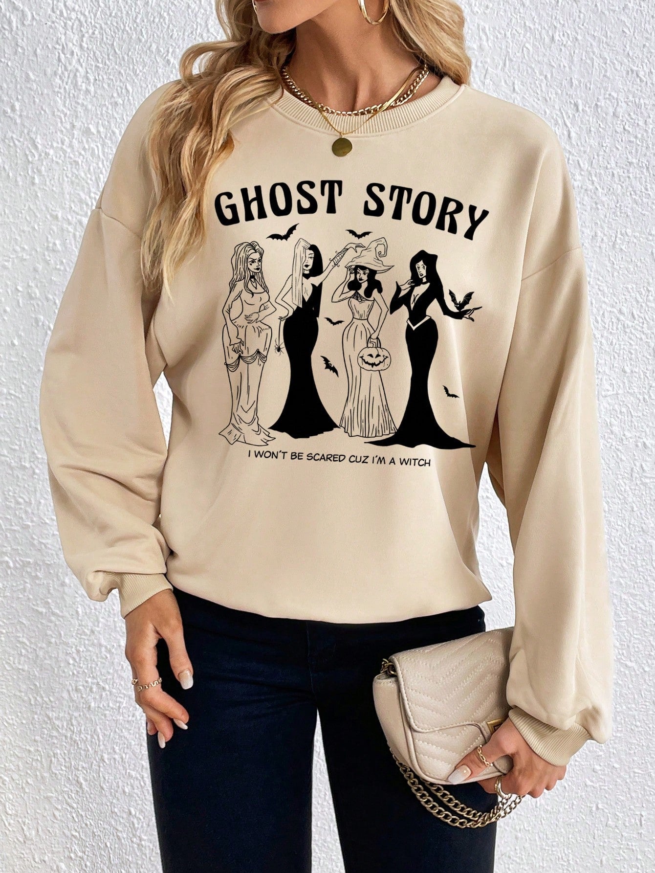 Ghost Story Letter Figure Graphic Drop Shoulder Sweatshirt, Ghost Story sweatshirt, Halloween Sweatshirt, Halloween wear