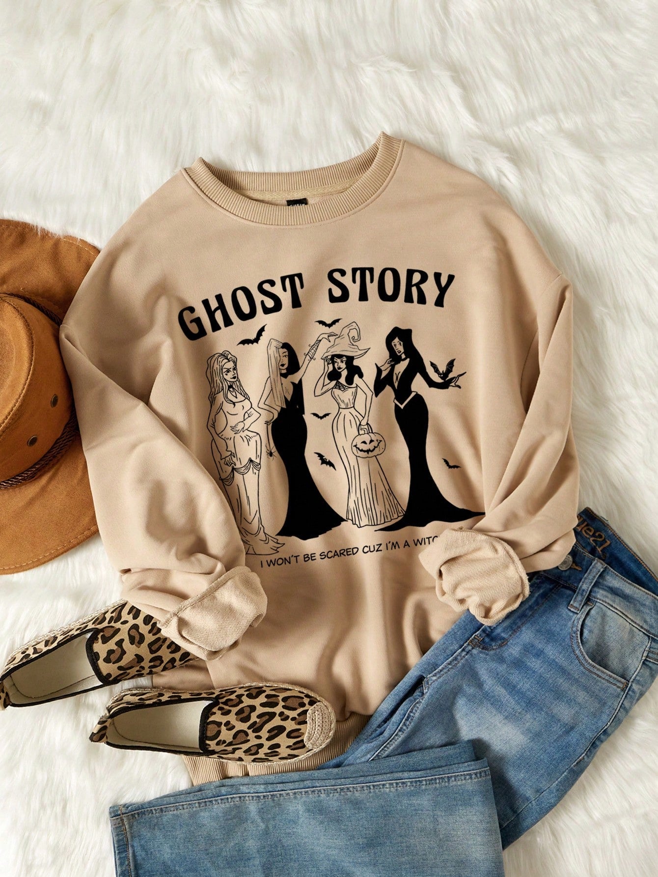 Ghost Story Letter Figure Graphic Drop Shoulder Sweatshirt, Ghost Story sweatshirt, Halloween Sweatshirt, Halloween wear