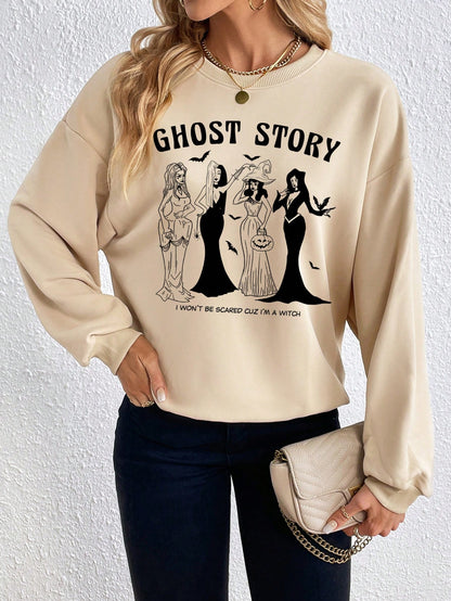 Ghost Story Letter Figure Graphic Drop Shoulder Sweatshirt, Ghost Story sweatshirt, Halloween Sweatshirt, Halloween wear