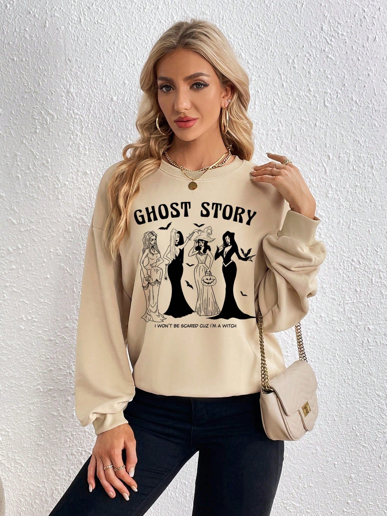 Ghost Story Letter Figure Graphic Drop Shoulder Sweatshirt, Ghost Story sweatshirt, Halloween Sweatshirt, Halloween wear